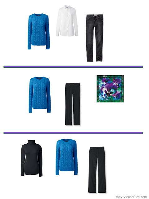 3 ways to wear a bright blue sweater with A Common Wardrobe in black and white