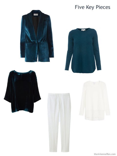 Five Key Pieces in teal and winter white