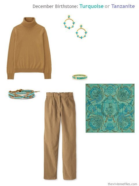 a camel outfit worn with turquoise jewelry and an Hermes scarf