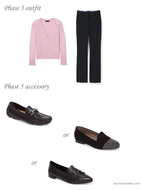 adding black loafers to a 4 by 4 Wardrobe in black, taupe and pink