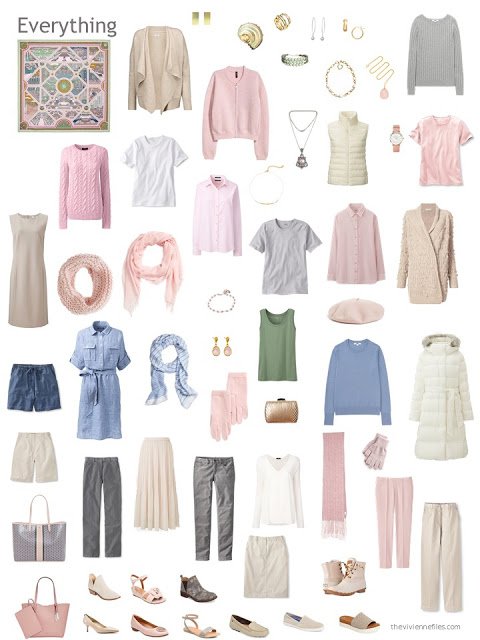 capsule wardrobe in beige with pink, blue and ivory accents
