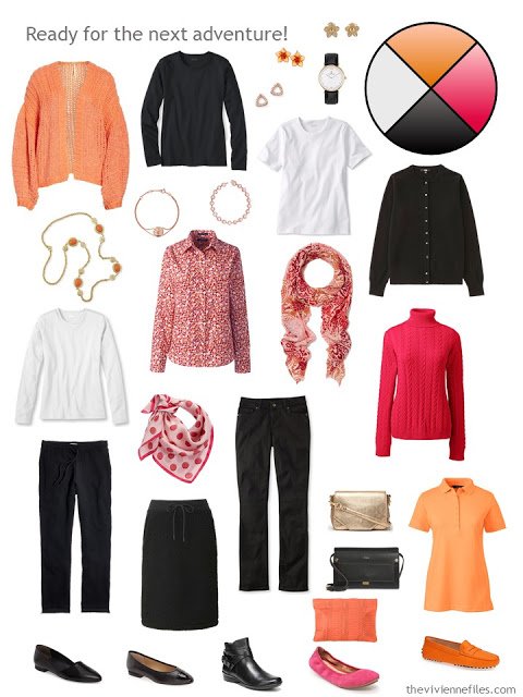 travel capsule wardrobe in black and white with orange and hot pink accents