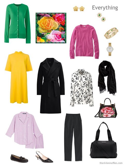 overnight travel capsule wardrobe in black and white with green, yellow and pink accents