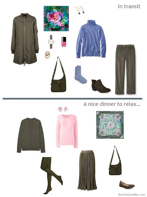 2 outfits from a travel capsule wardrobe in olive with blue, pink and green accents