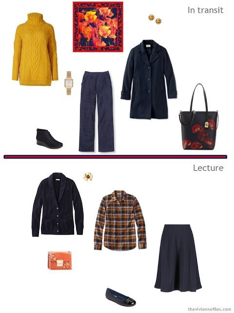 2 outfits from a tote-bag weekend travel capsule in navy with orange and yellow accents
