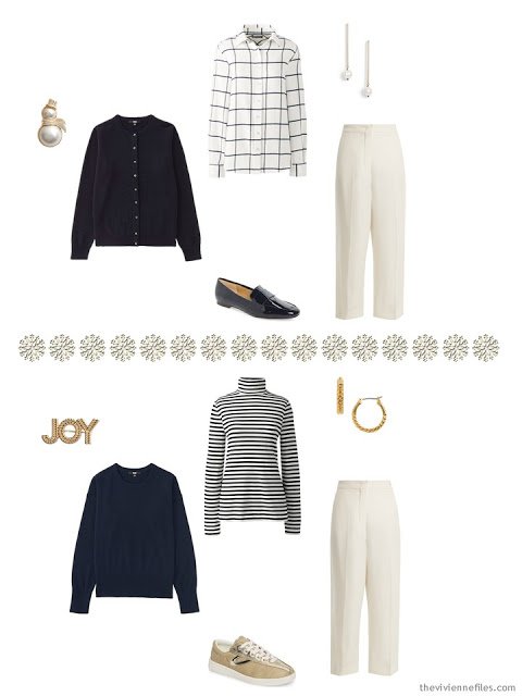 2 ways to wear winter white pants with navy