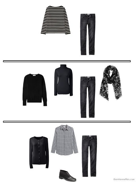 3 outfits from a travel capsule wardrobe in black and white