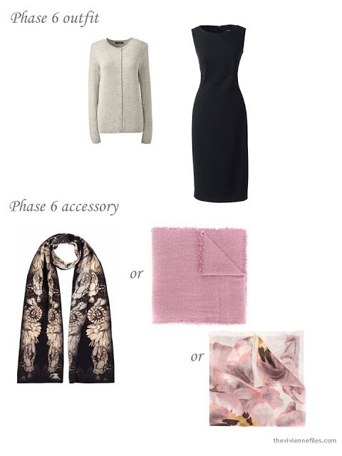 adding a scarf to a 4 by 4 Wardrobe in black, taupe and pink