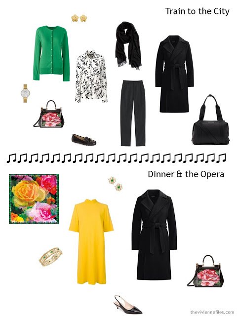 2 outfits from an overnight travel capsule wardrobe in black and white with green, yellow and pink accents