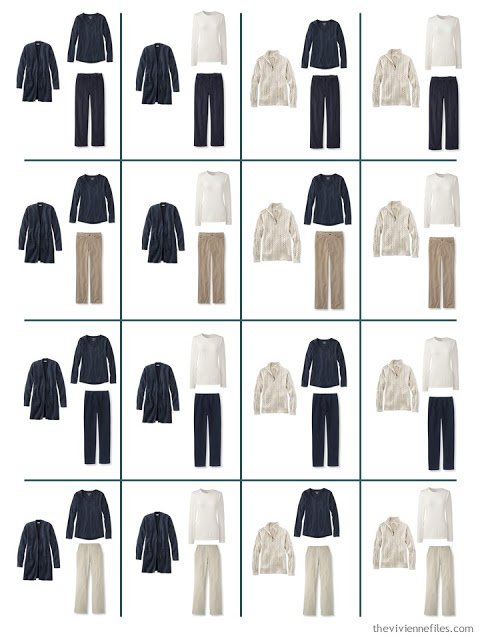16 possible outfits from 8 garments in navy and beige, for cool weather