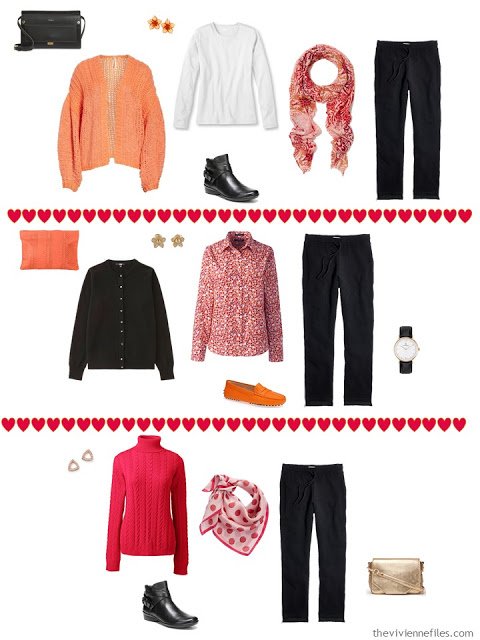 3 ways to wear sweatpants from a black, white, orange and hot pink travel capsule wardrobe