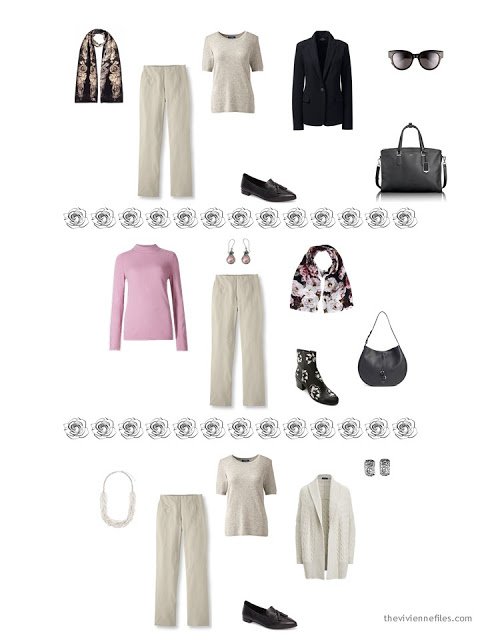 3 ways to wear taupe or beige pants from a dressy 4 by 4 Wardrobe in black, taupe and pink