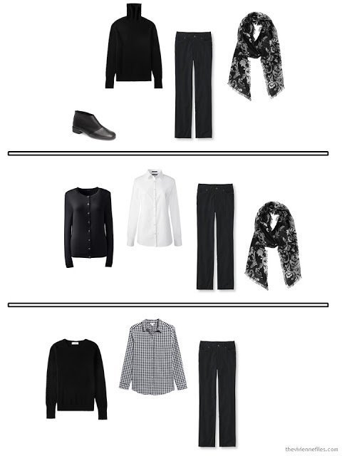 3 outfits from a travel capsule wardrobe in black and white