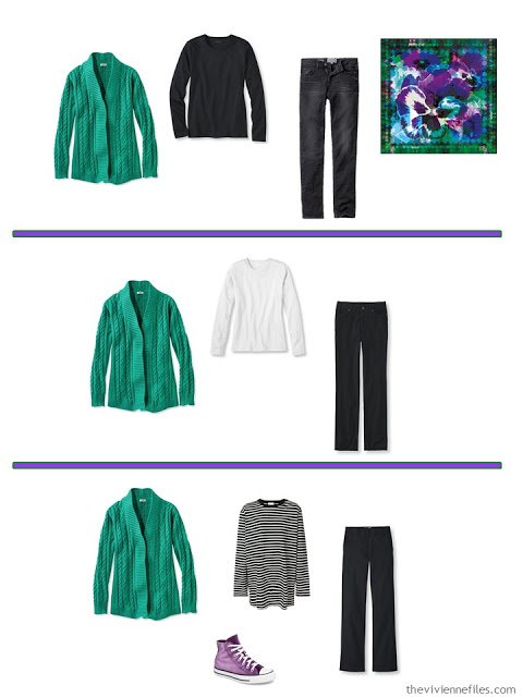 3 ways to wear a bright green cardigan with A Common Wardrobe in black and white