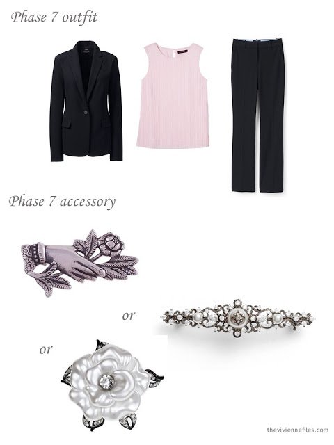 adding a brooch to a 4 by 4 dressy wardrobe in black, pink and taupe