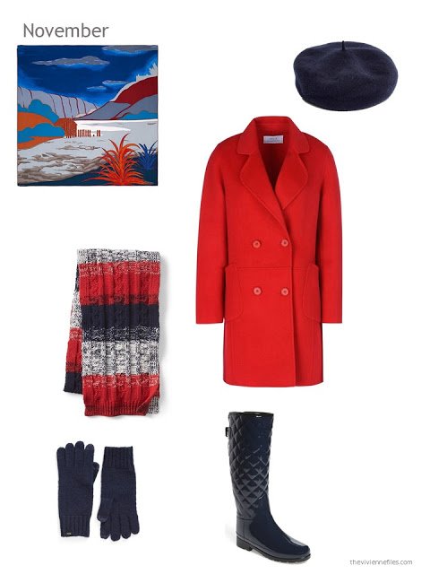 a red wool winter coat with navy accessories