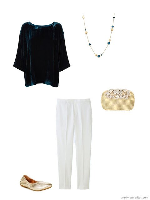 a teal velvet top and winter white pants for the holidays