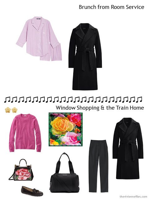 2 outfits from an overnight travel capsule wardrobe in black and white with green, yellow and pink accents