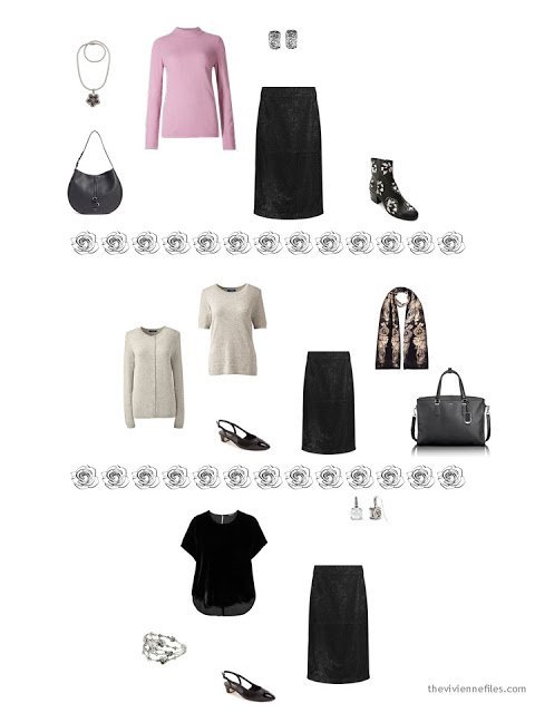 3 ways to wear a black lace skirt from a dressy 4 by 4 Wardrobe in black, taupe and pink