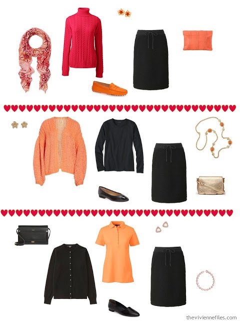 3 ways to wear a sweat skirt from a black, white, orange and hot pink travel capsule wardrobe