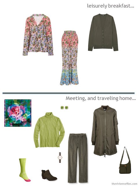 2 outfits from a travel capsule wardrobe in olive with blue, pink and green accents