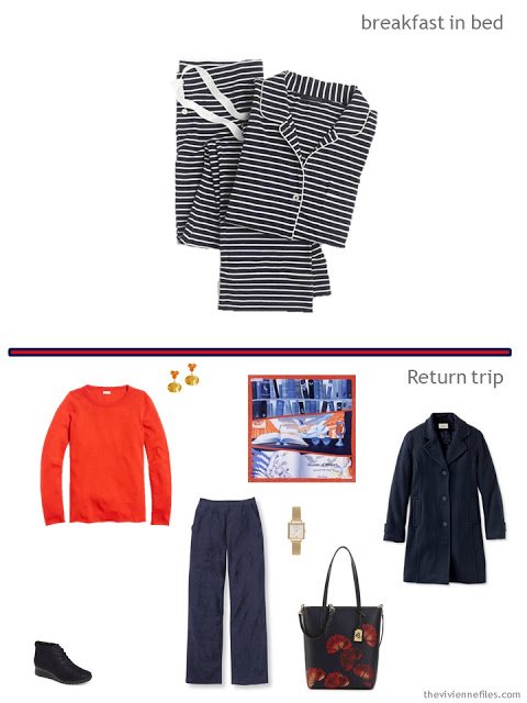 2 outfits from a tote-bag weekend travel capsule in navy with orange and yellow accents