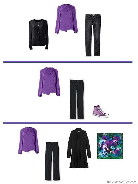 3 ways to wear a vivid purple blouse with A Common Wardrobe in black and white