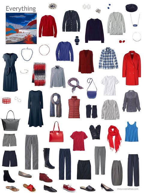 capsule wardrobe in shades of blue, grey, and shades of red