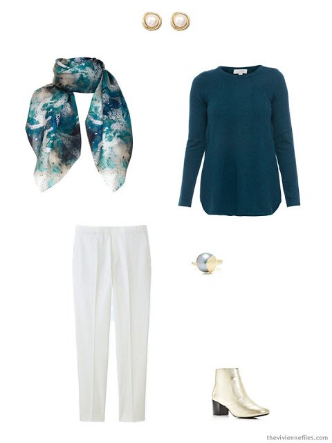 a teal velvet sweater and winter white pants for the holidays