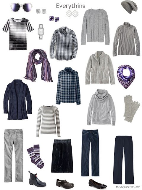 travel capsule wardrobe in navy and grey with purple accents