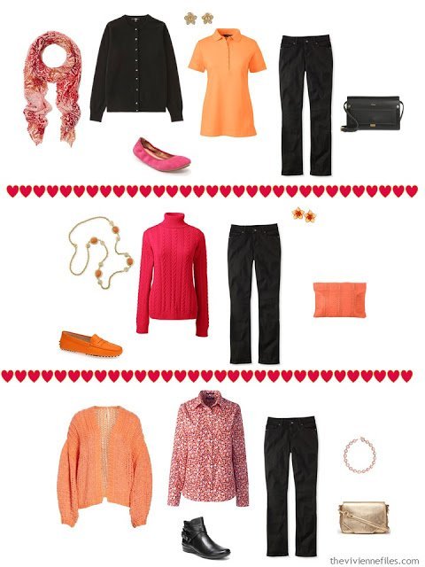 3 ways to wear black jeans from a black, white, orange and hot pink travel capsule wardrobe
