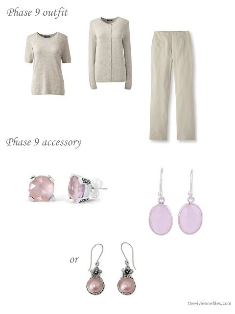 adding pink earrings to a 4 by 4 Wardrobe in black, taupe and pink