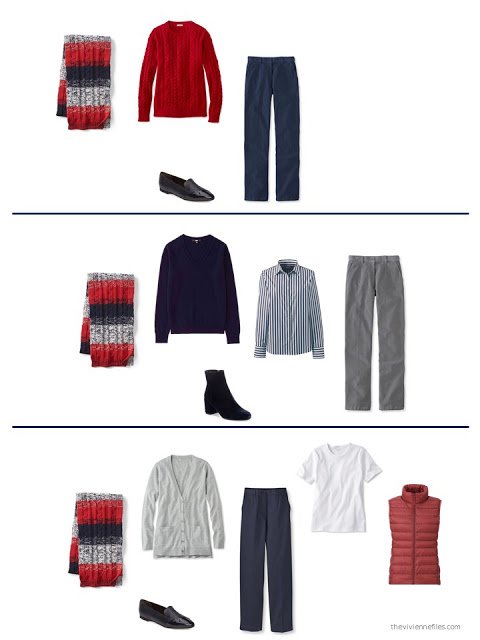 3 outfits including a striped scarf in red, navy and grey