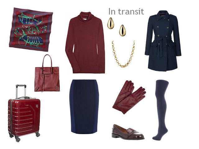 travel outfit in burgundy and navy