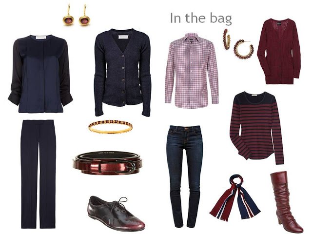 travel capsule wardrobe in navy and burgundy