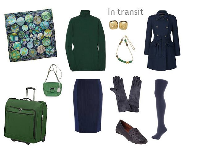 travel outfit in navy with hunter green accents