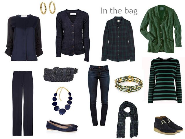 travel capsule wardrobe in navy and hunter green