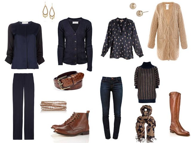 travel capsule wardrobe in navy and camel