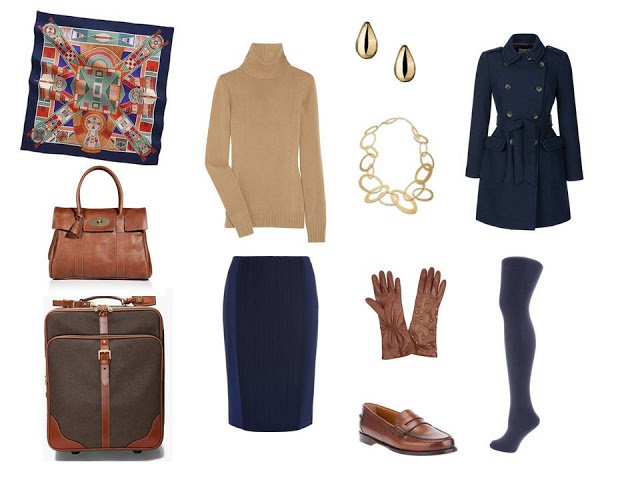 travel outfit in camel and navy for cool weather