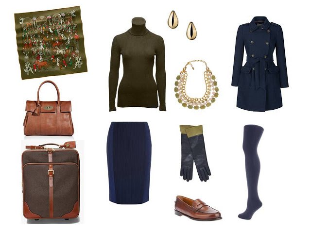travel outfit in olive and navy for cool weather