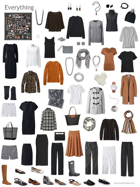 a capsule wardrobe based on an Hermes scarf, in black, grey, white and rust