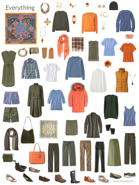 capsule wardrobe in olive, blue, and orange