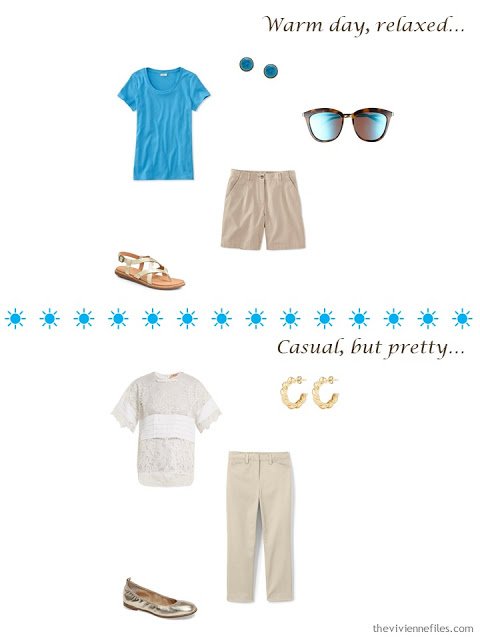 2 outfits from a 4 by 4 Wardrobe in brown, beige, blue and white for a warm-weather vacation