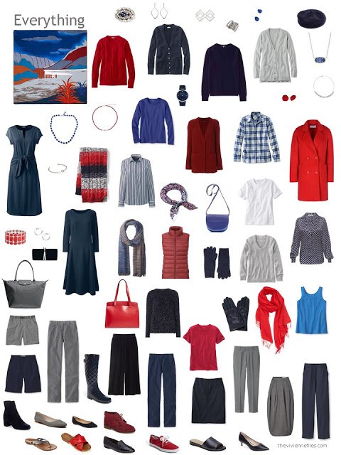 a 12-outfit wardrobe in navy and grey with shades of red
