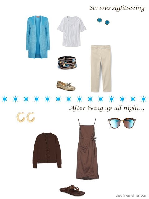 2 outfits from a 4 by 4 Wardrobe in brown, beige, blue and white for a warm-weather vacation