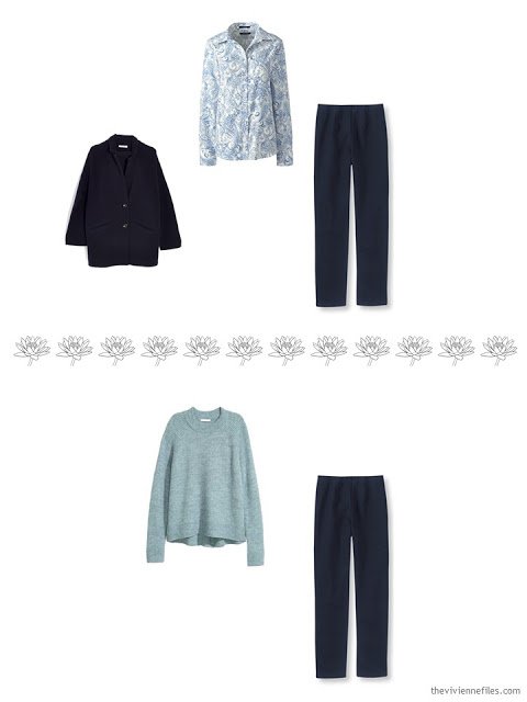 2 ways to wear navy knit pants in a 4 by 4 Wardrobe