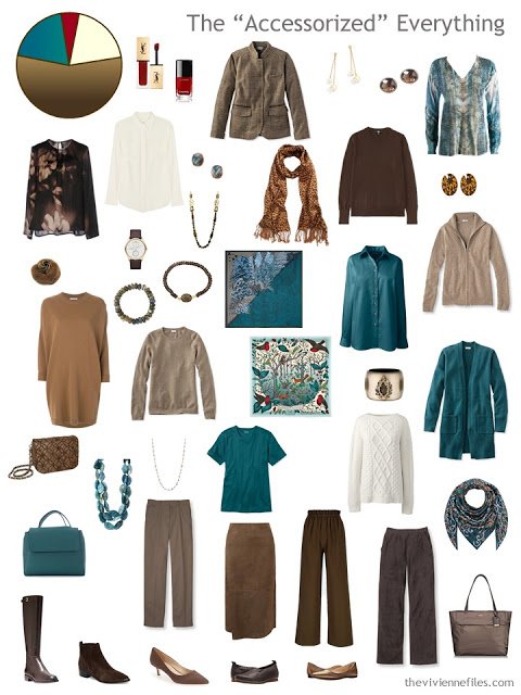 a fully-accessorized 4 by 4 Wardrobe in shades of brown with cream and teal accents