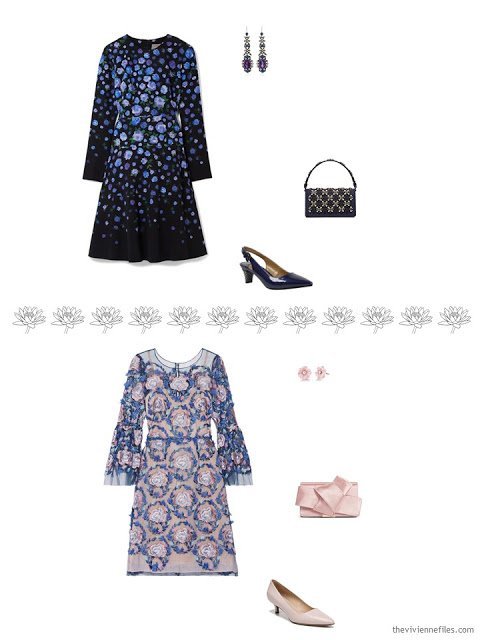 two floral dresses with accessories