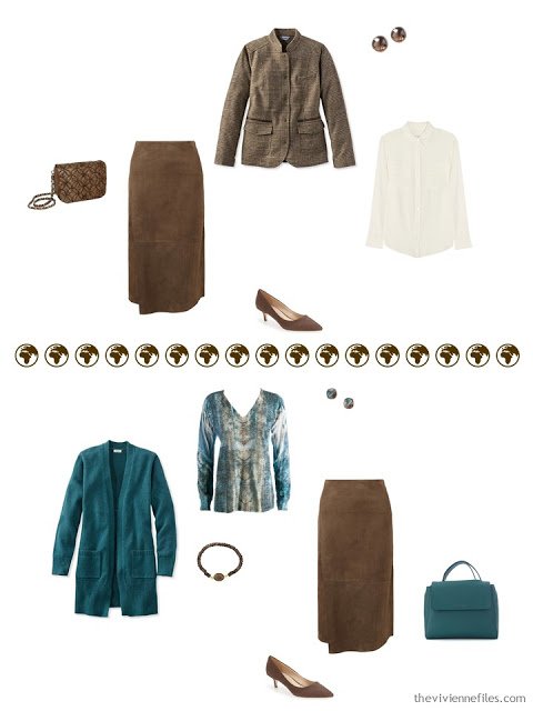 2 ways to wear a brown suede skirt from a 4 by 4 Wardrobe