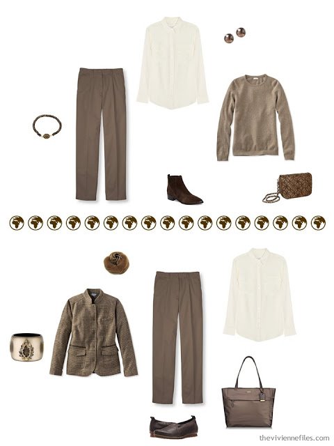 2 ways to wear brown pants from a 4 by 4 Wardrobe in browns, cream and teal